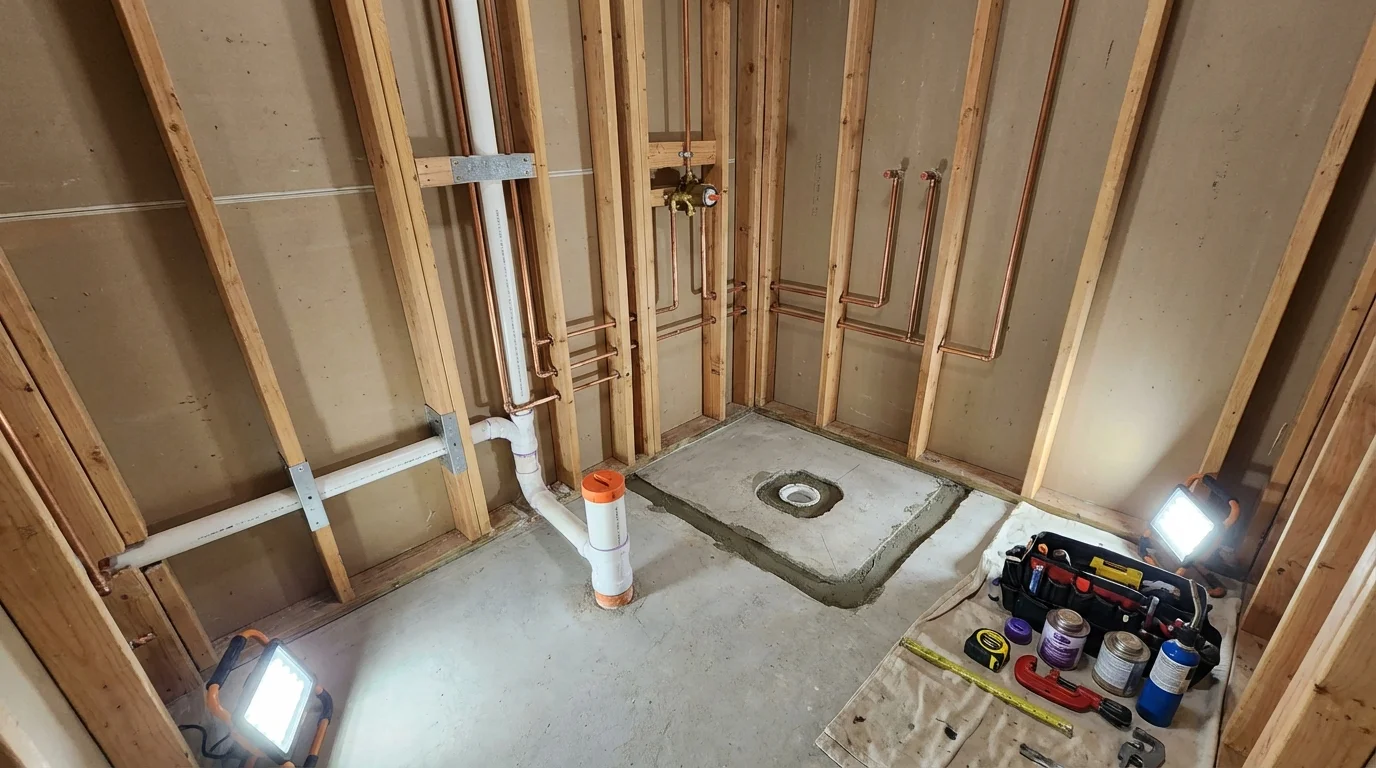 Bathroom rough-in plumbing during remodel by Johns Plumbing LLC in Fort Edward