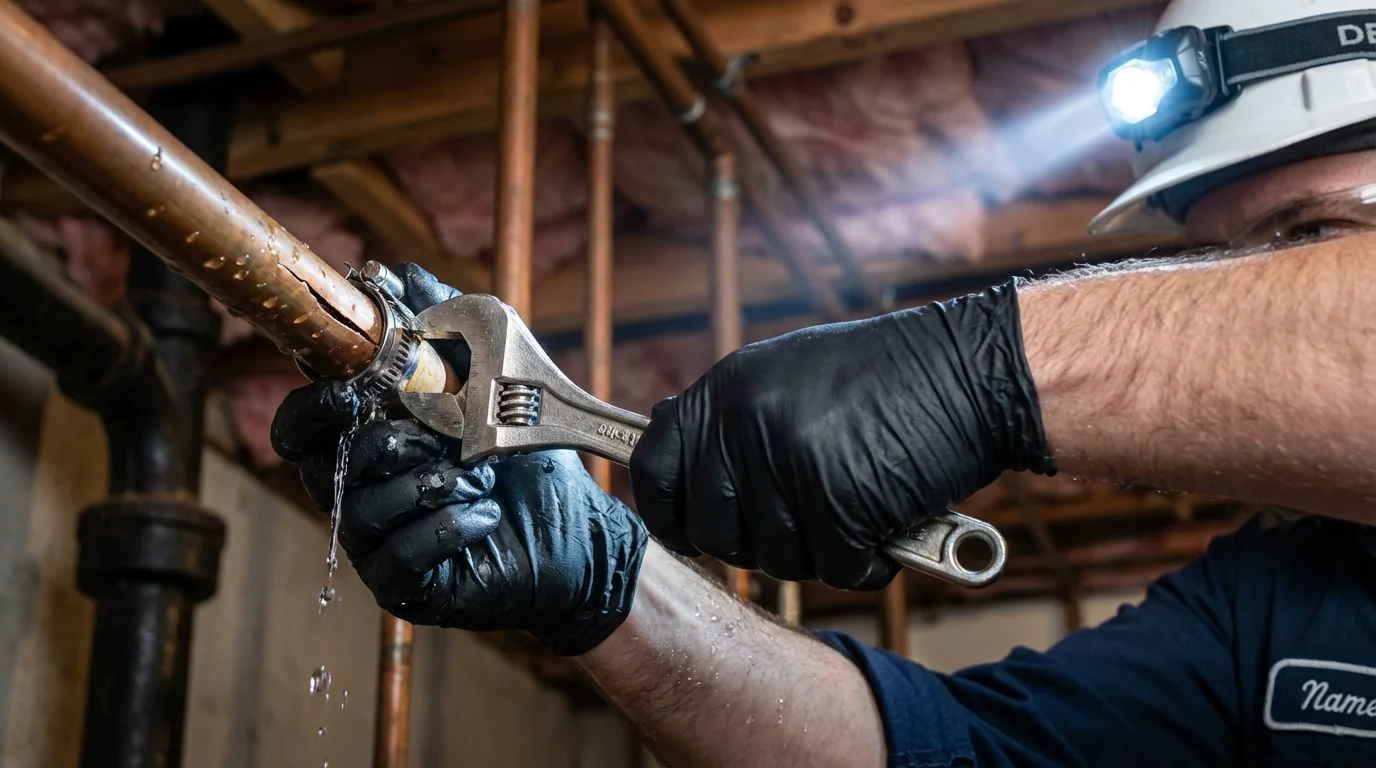 Emergency pipe clamp repair being performed by a Johns Plumbing LLC plumber in Fort Edward