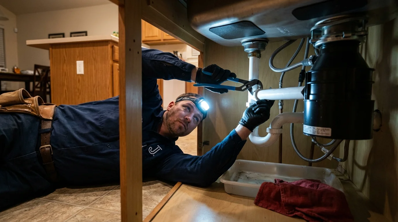 P-trap and supply line connections under a kitchen sink showing a common leak point in Fort Edward, NY